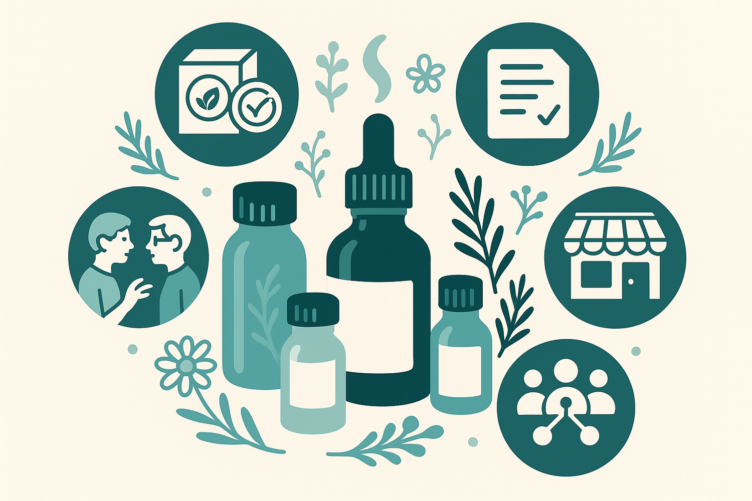 Square format illustration of essential oil bottles and member benefits in teal, white and cream colors arranged in a circular pattern