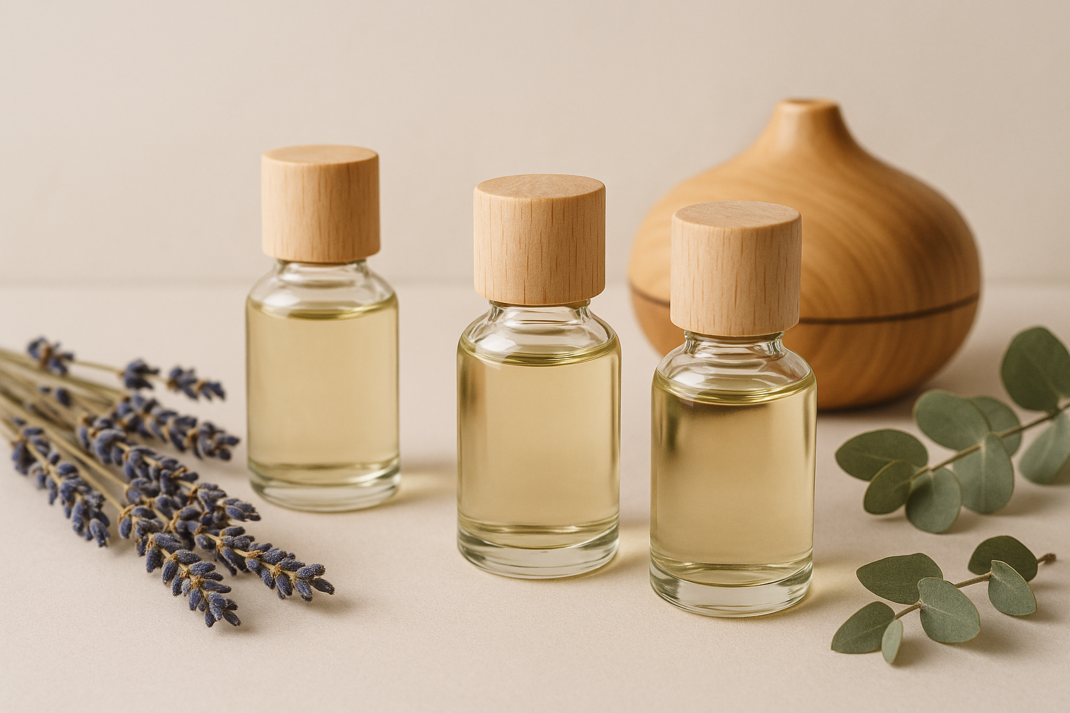 Aromatherapy essential oils and accessories arranged in an elegant, minimalist composition with natural lighting