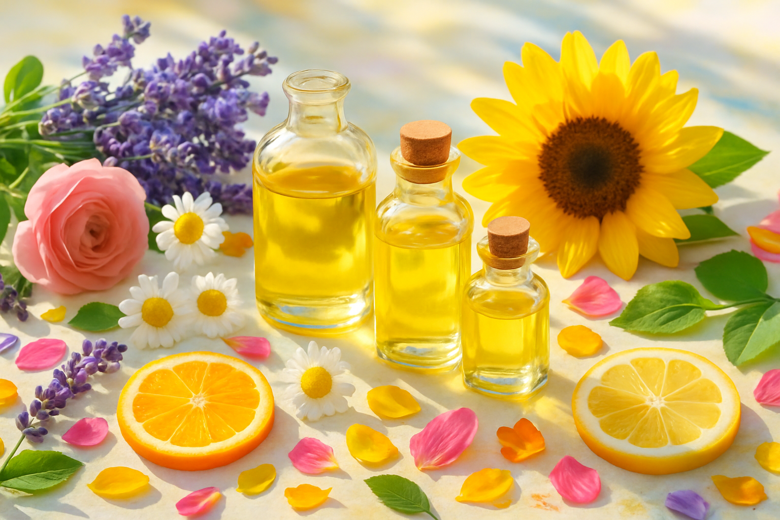 Aromatherapy essential oils surrounded by colorful summer flowers and botanicals in bright natural sunlight