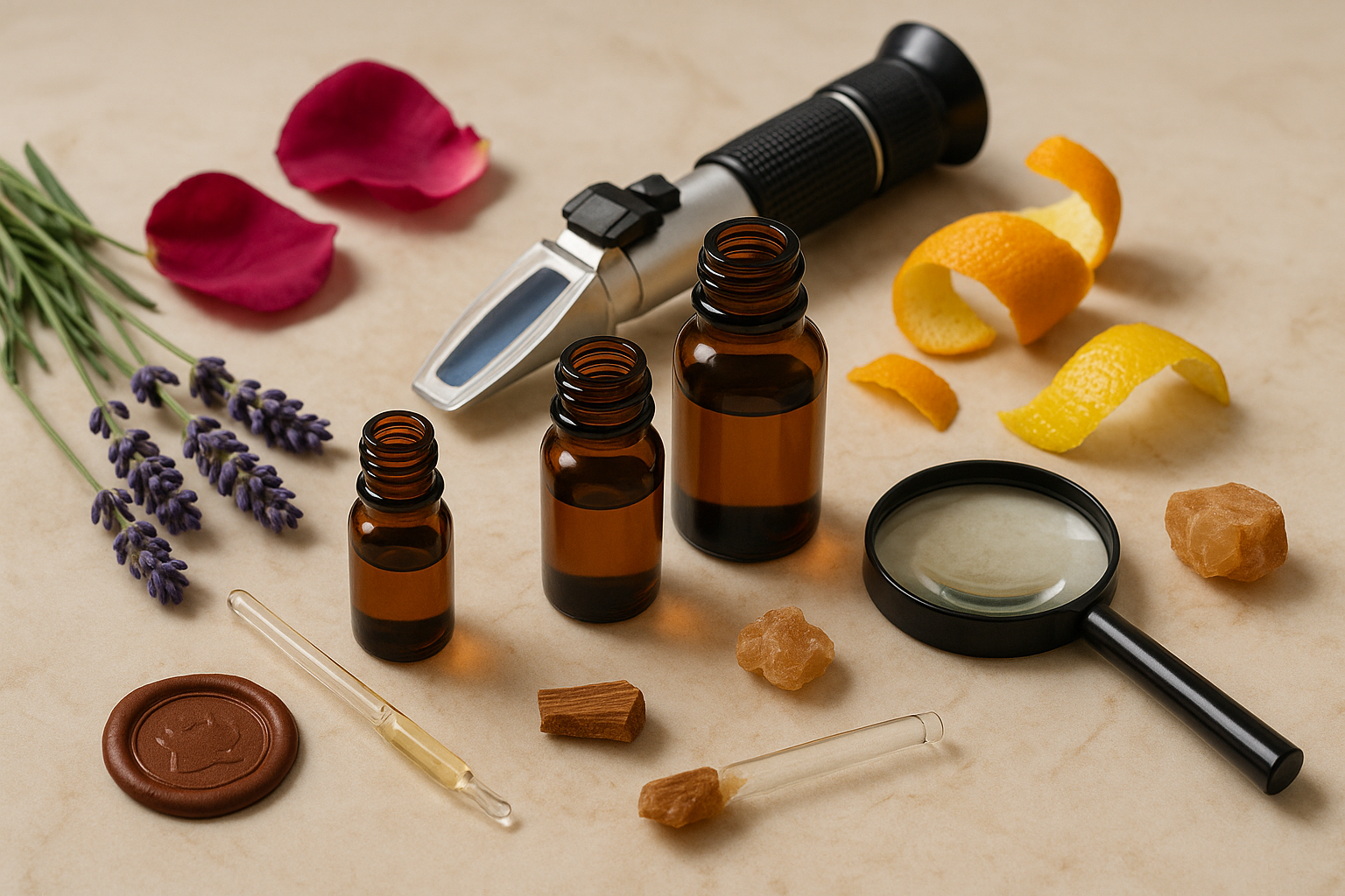 Artisanal arrangement of essential oil bottles with testing equipment, quality seals, and natural ingredients like lavender and citrus on a light wooden surface