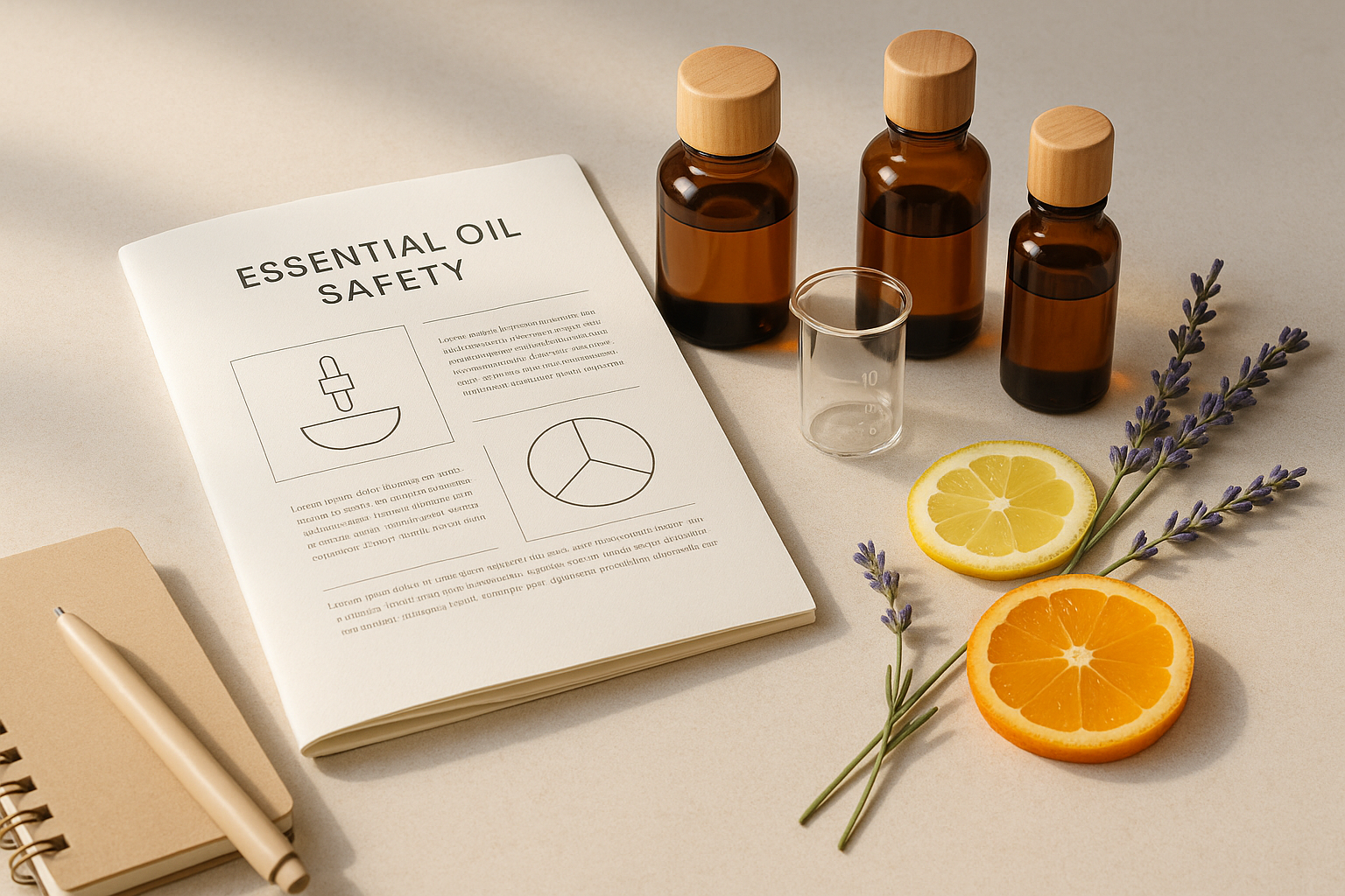 Clean arrangement showing an educational guide about essential oils with amber bottles, measuring tools, and natural elements like lavender and citrus on a light surface