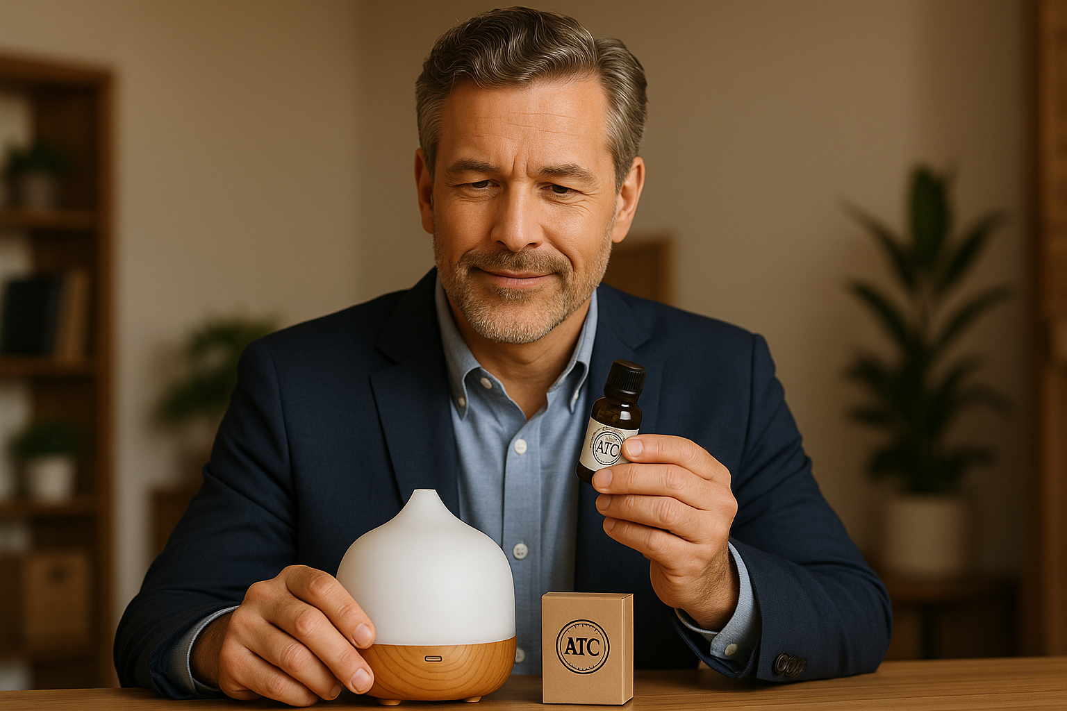 Man with a confident expression examining aromatherapy products in a warm, well-lit setting