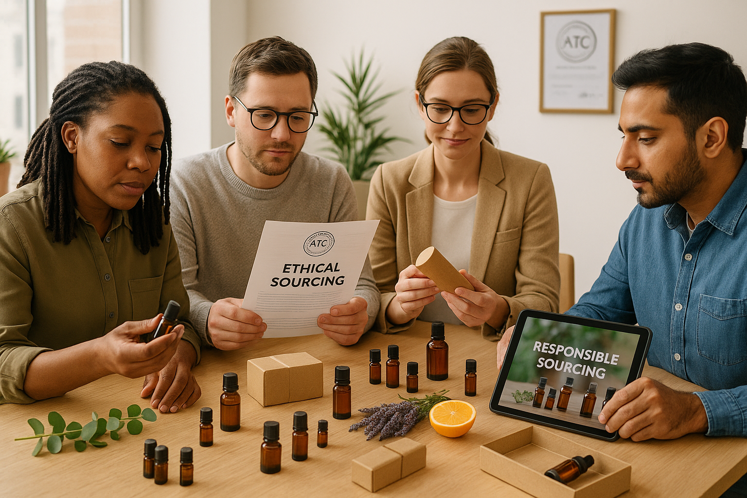 Professional team members collaborating on responsibly sourced aromatherapy products with documentation and natural ingredients in a bright workspace