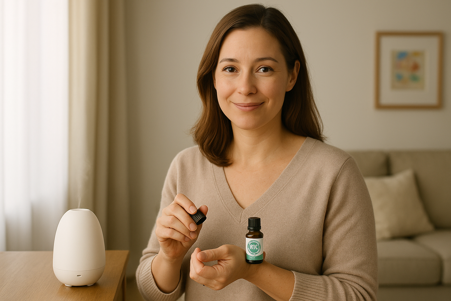 Woman with a warm, caring expression using aromatherapy products in a cozy home setting