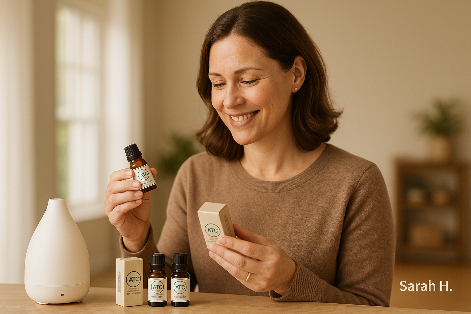 Woman with a warm smile holding and examining aromatherapy essential oil bottles in a bright, natural setting